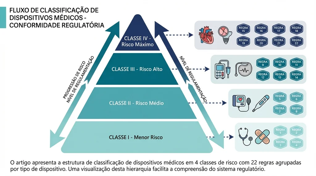 Diagrama das 4 classes de risco de dispositivos médicos ANVISA com exemplos por categoria regulatória brasileira