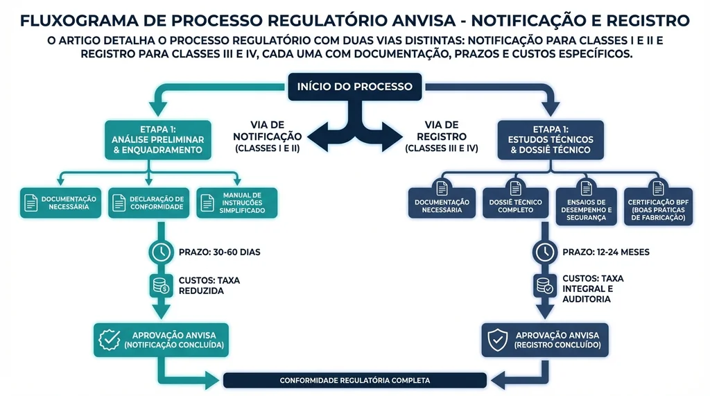 Fluxograma do processo de registro de dispositivos médicos na ANVISA com etapas de notificação e registro por classe de risco