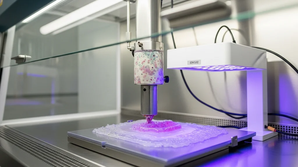 Bioimpressora 3D depositando biotinta camada por camada em ambiente estéril de laboratório