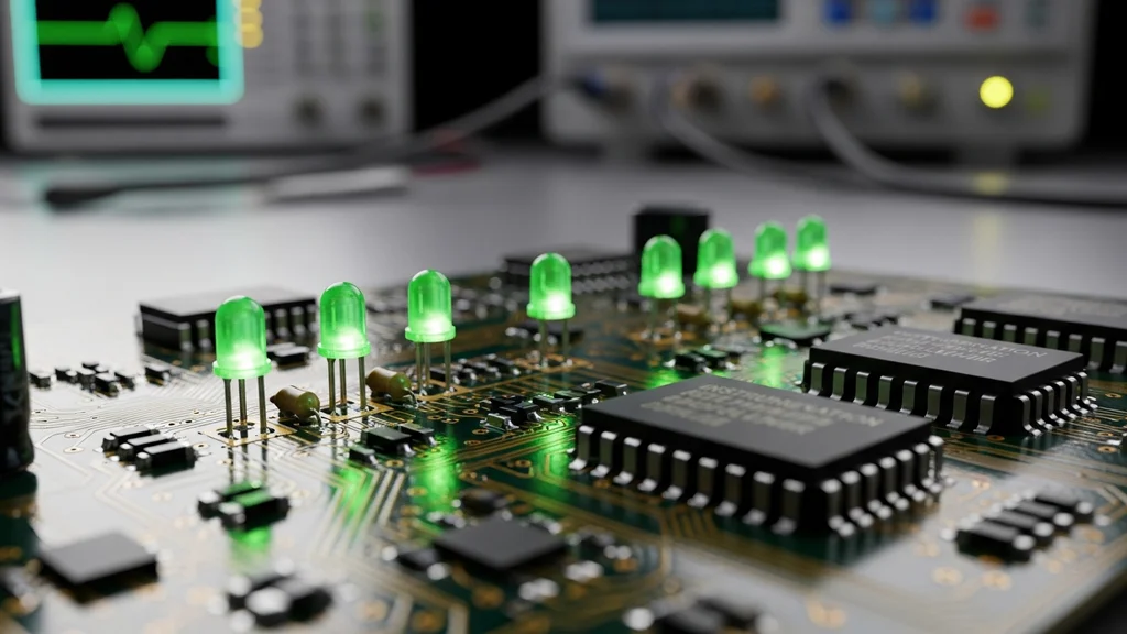 Close-up de placa de biossensor biomédico com componentes eletrônicos miniaturizados