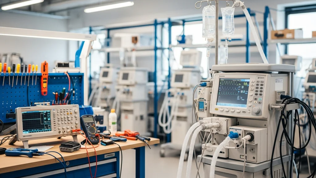 Oficina de engenharia clínica hospitalar com equipamentos médicos e ferramentas de manutenção