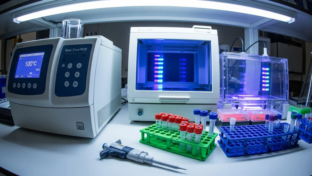 Laboratório de engenharia genômica com equipamentos de PCR e eletroforese em gel