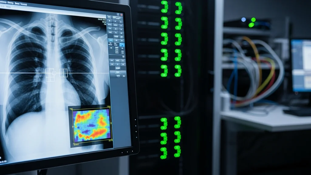 Workstation de inteligência artificial em saúde analisando radiografia com destaque de regiões