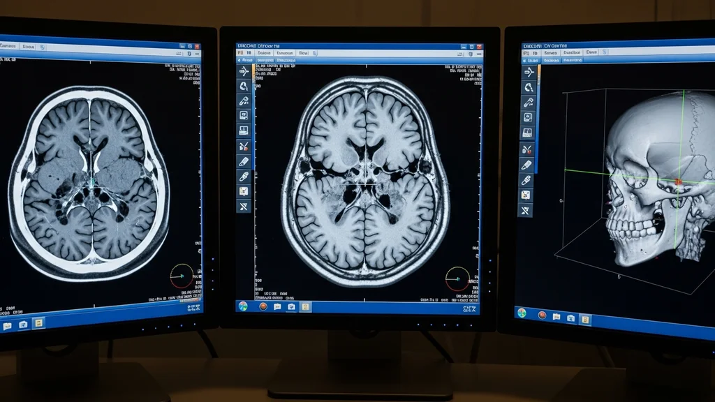 Workstation de processamento de imagens médicas com monitores exibindo ressonância e tomografia