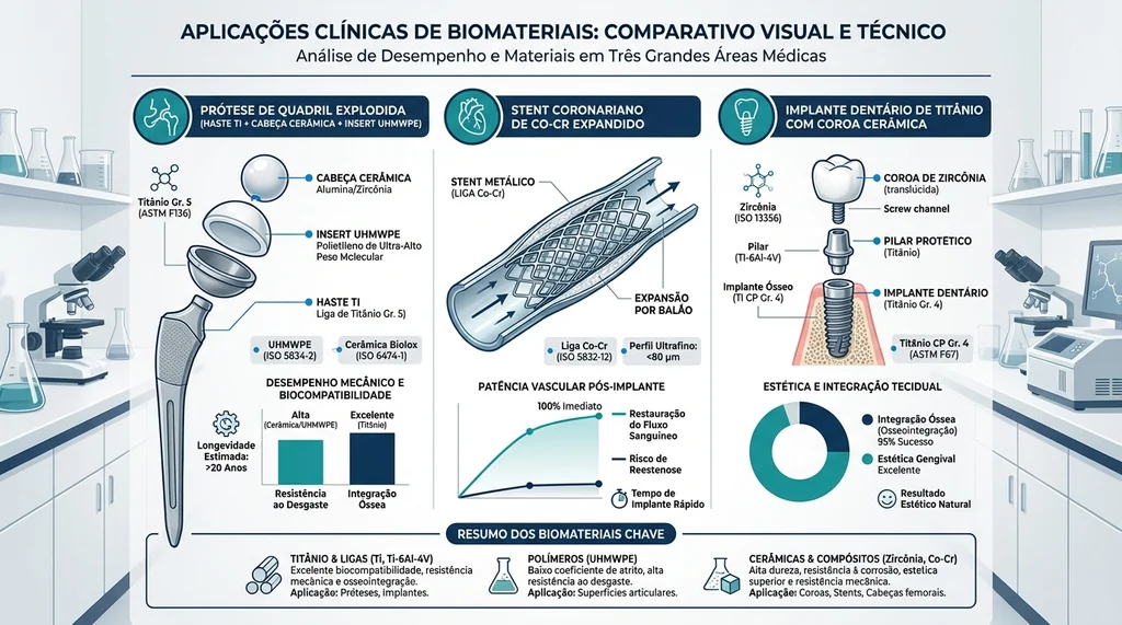 Aplicações clínicas de biomateriais em ortopedia (prótese de quadril titânio), cardiovascular (stent Co-Cr) e implantodontia (implante titânio com coroa cerâmica)