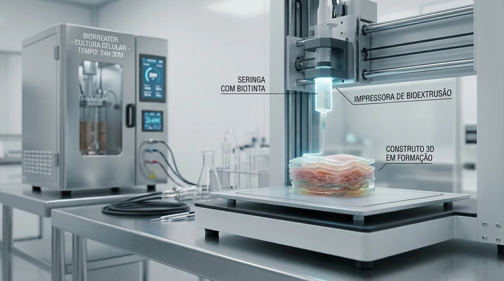Bioimpressora 3D depositando biotinta com células vivas para construção de tecido em laboratório de engenharia biomédica