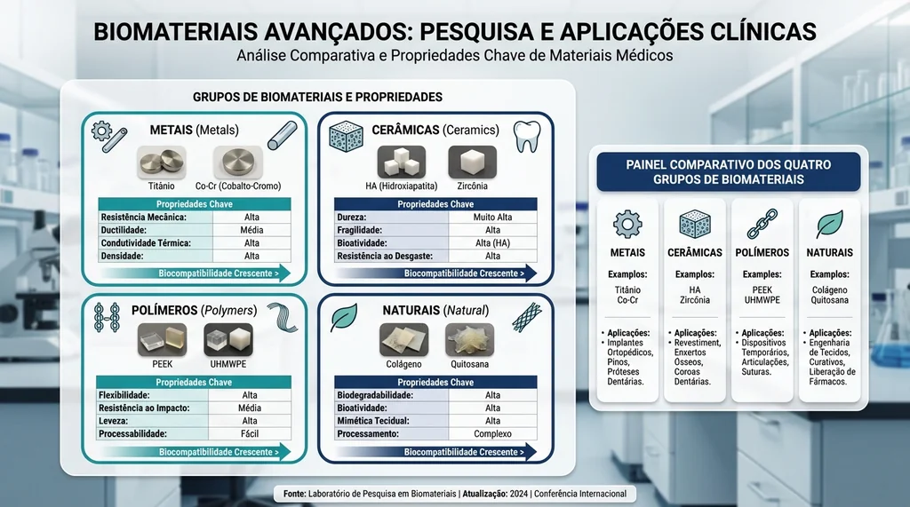 Classificação dos quatro tipos de biomateriais na engenharia biomédica: metálicos, cerâmicos, poliméricos e naturais com propriedades e aplicações