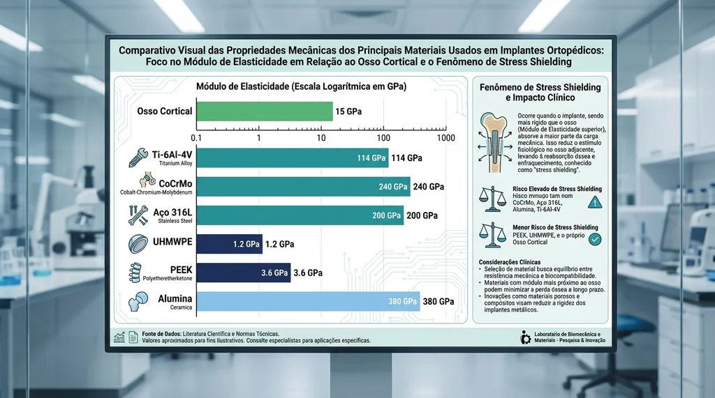 Comparativo do módulo de elasticidade em GPa dos principais biomateriais para implantes ortopédicos em relação ao osso cortical humano, biomecânica de engenharia