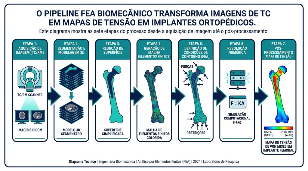 Fluxograma do pipeline de Análise por Elementos Finitos em biomecânica: da tomografia computadorizada ao mapa de tensão de von Mises em implante ortopédico