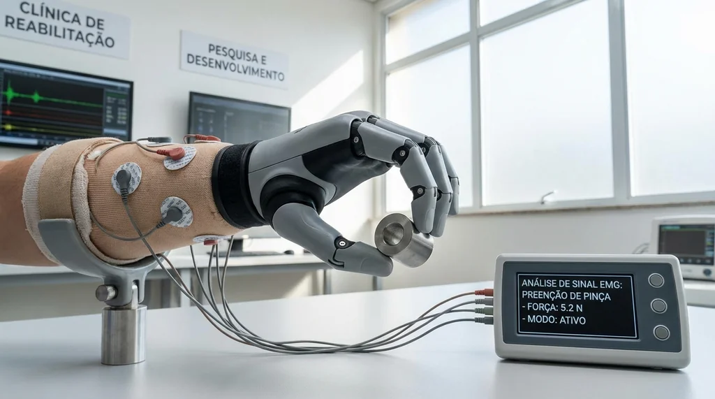Mão mioelétrica protética de alta funcionalidade com dedos articulados realizando preensão de pinça em clínica de reabilitação, biomecânica de próteses