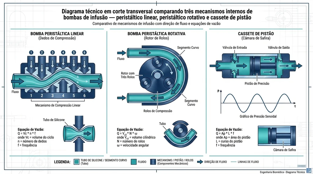 Diagrama técnico comparativo dos mecanismos de bomba peristáltica linear, peristáltica rotativa e cassete de pistão utilizados em bombas de infusão hospitalares