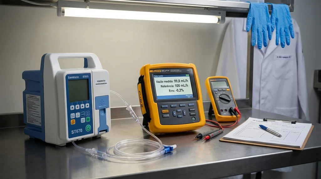 Técnico de engenharia clínica calibrando bomba de infusão volumétrica com analisador de fluxo Fluke IDA-4 em bancada de laboratório hospitalar mostrando erro de 0,2 por cento