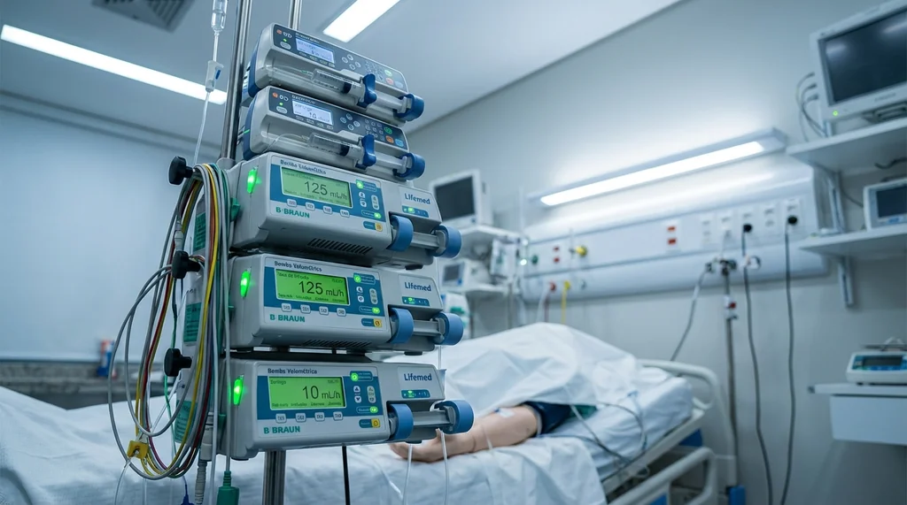Torre com seis bombas de infusão hospitalares empilhadas, ao lado de leito de UTI com telas ativas exibindo taxa e volume
