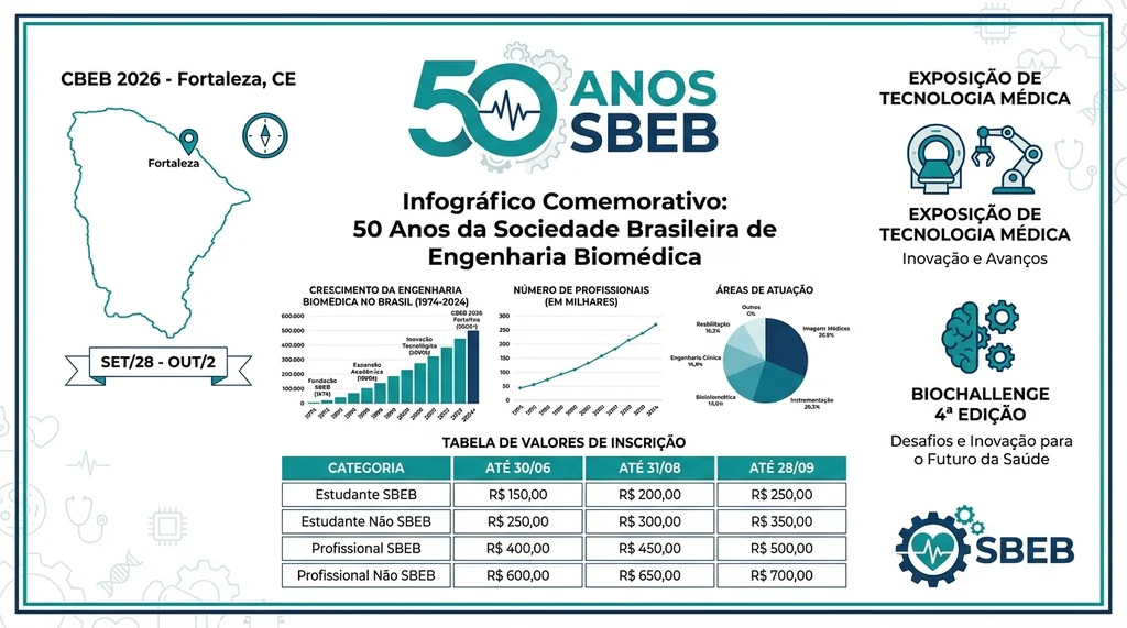 Infográfico comemorativo dos 50 anos da SBEB com detalhes do CBEB 2026 em Fortaleza: datas de 28 de setembro a 2 de outubro, valores de inscrição e BioChallenge 4ª edição