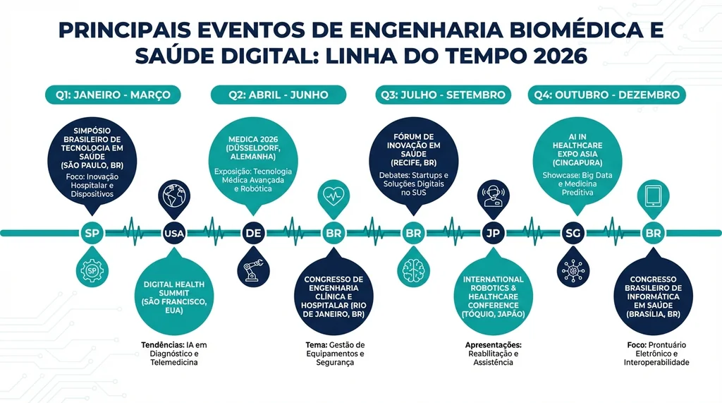 Linha do tempo dos principais eventos de engenharia biomédica e saúde digital em 2026, distribuídos por trimestre, com eventos nacionais e internacionais