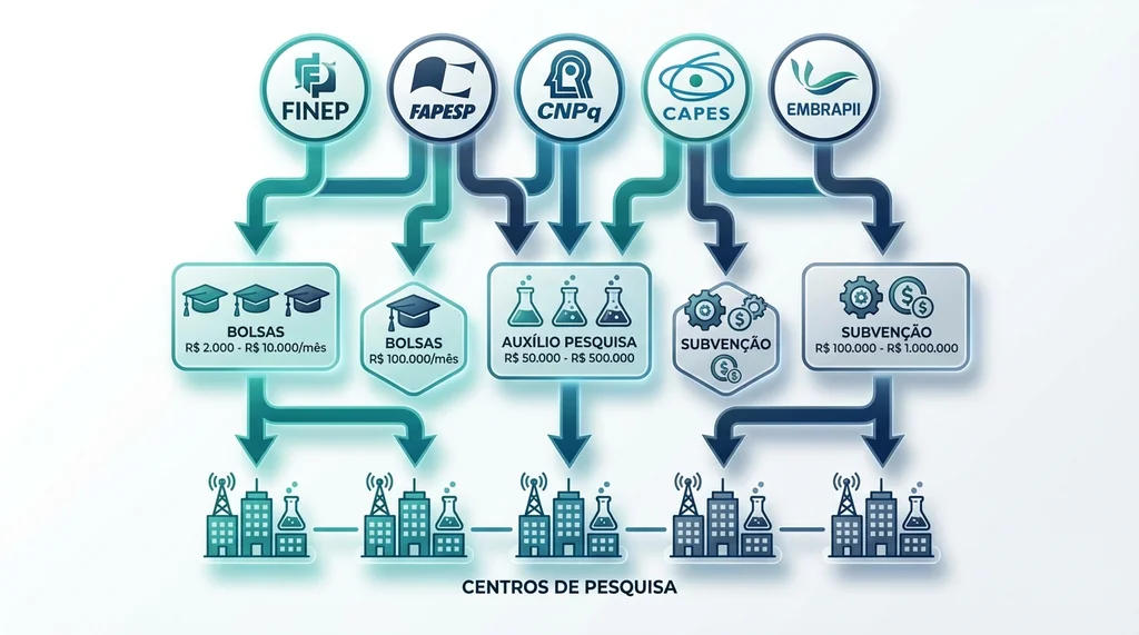 Diagrama de fluxo do financiamento de pesquisa em engenharia biomedica no Brasil mostrando agencias FINEP FAPESP CNPq CAPES EMBRAPII e modalidades de apoio