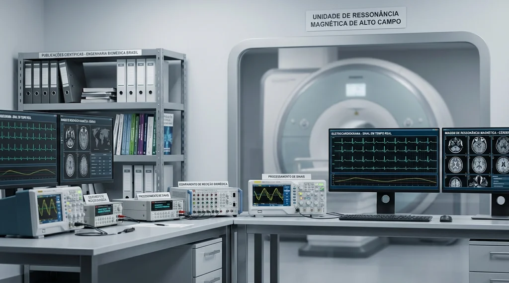 Laboratorio de pesquisa em engenharia biomedica em universidade brasileira com equipamentos de processamento de sinais biomedicos e pesquisadores analisando dados