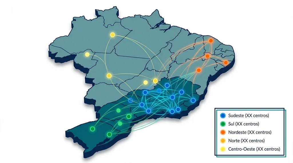 Mapa do Brasil com marcadores nos 13 estados que possuem centros de pesquisa em engenharia biomedica destacando concentracao no Sudeste e polos emergentes no Nordeste