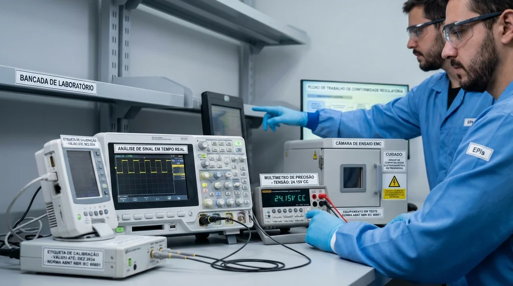 Engenheiros em laboratório acreditado pelo INMETRO realizando ensaios elétricos de segurança e compatibilidade eletromagnética em equipamento eletromédico conforme norma IEC 60601-1