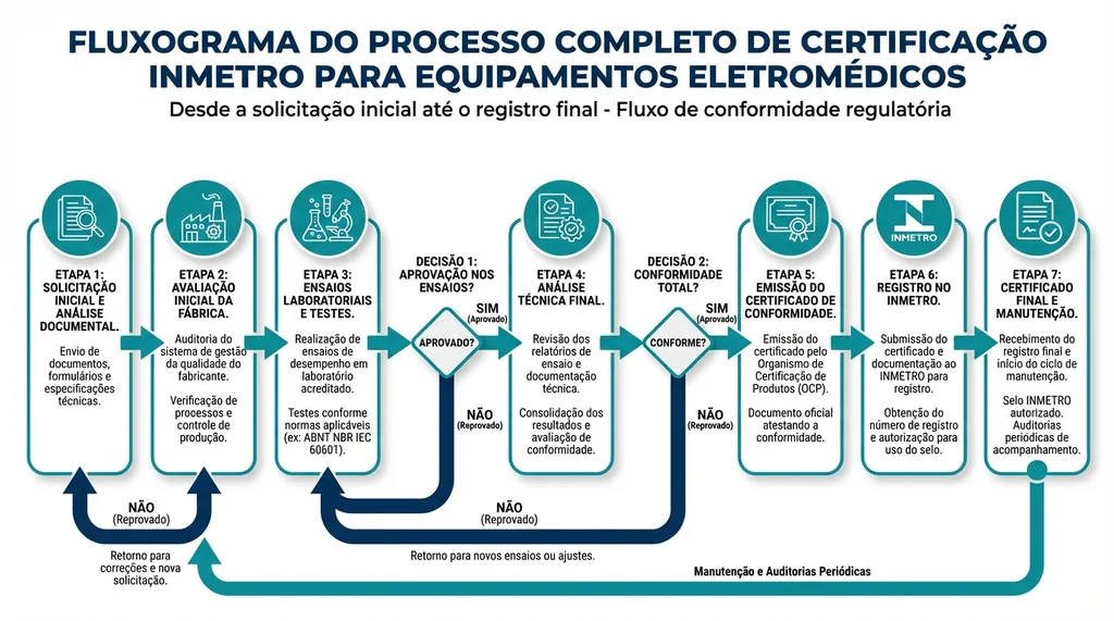 Fluxograma do processo de certificação INMETRO para equipamentos eletromédicos mostrando as sete etapas desde a solicitação até o registro no INMETRO, com pontos de decisão e possibilidade de correção em cada fase