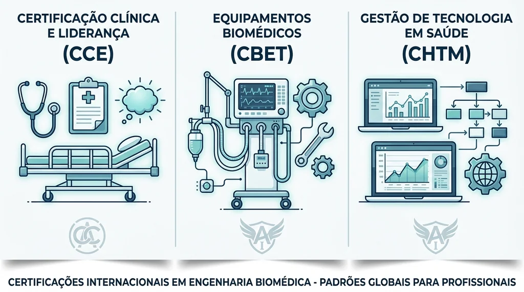 Diagrama comparativo das certificações CCE, CBET e CHTM com requisitos, custos e órgãos certificadores
