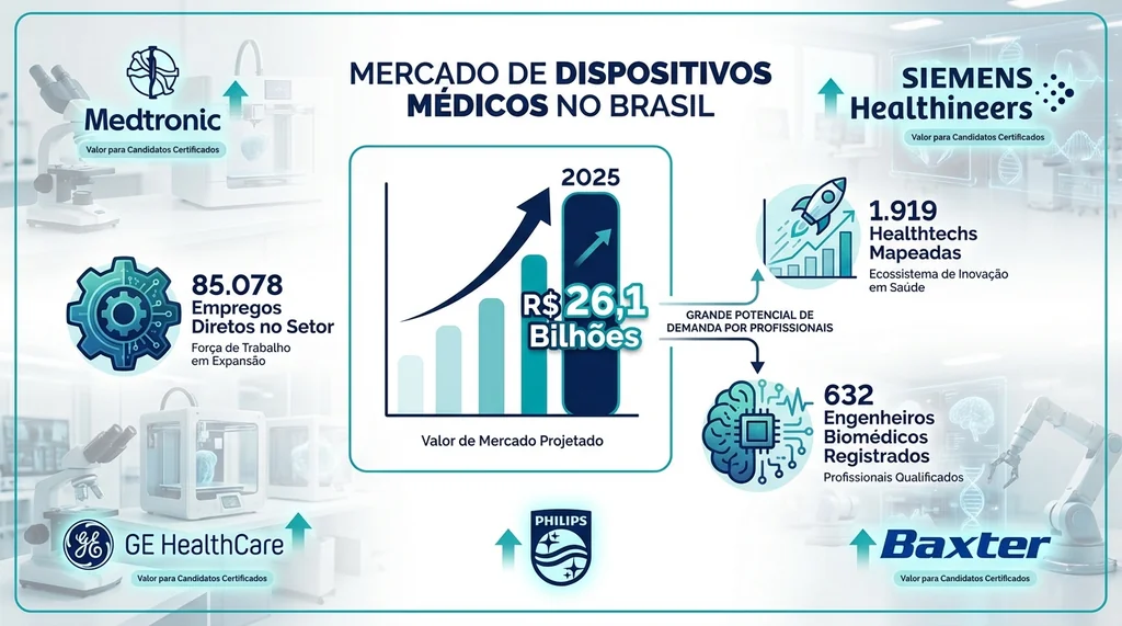 Engenheiro biomédico com crachá do CREA em ambiente hospitalar cercado por equipamentos médicos de alta complexidade