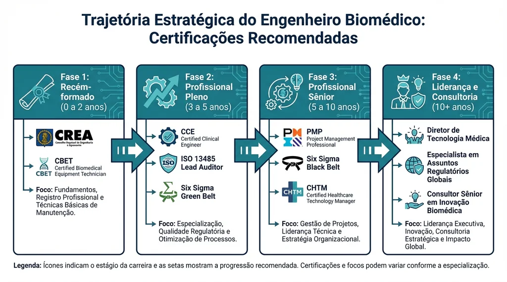 Linha do tempo estratégica de certificações para engenheiros biomédicos da graduação até cargos de liderança