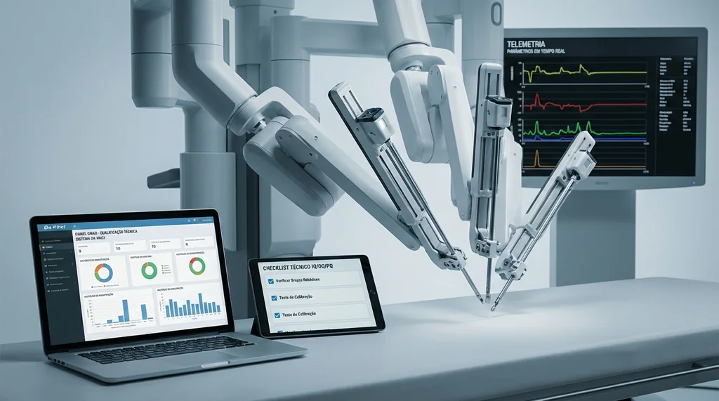 Engenheiro biomédico realizando qualificação e manutenção de sistema de cirurgia robótica em centro cirúrgico hospitalar com laptop e checklist técnico