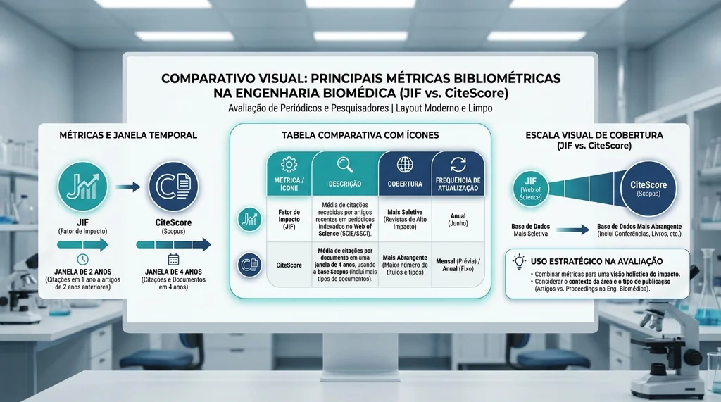Comparativo das metricas bibliometricas JIF, CiteScore, h-index, SJR e SNIP usadas em Engenharia Biomedica