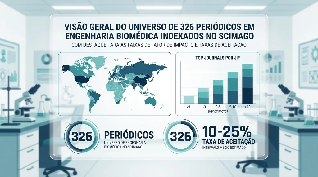 Infografico mostrando o panorama de 326 revistas cientificas de Engenharia Biomedica no mundo com fatores de impacto e taxas de aceitacao