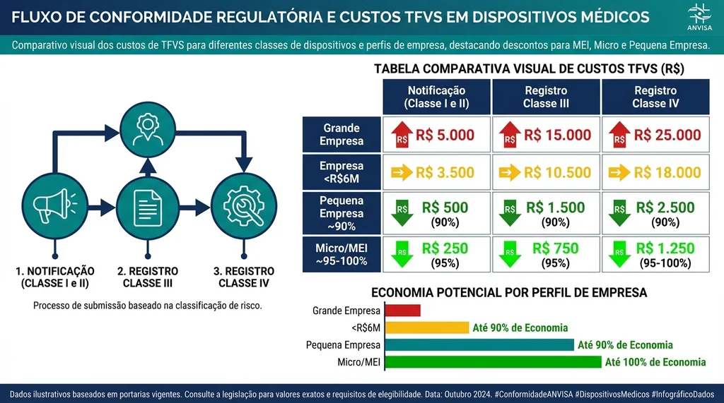 Comparativo de custos de TFVS da ANVISA para registro de dispositivos médicos por classe e porte de empresa, com descontos de até 95% para micro e pequenas empresas em 2026.