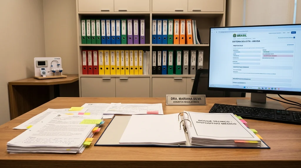 Especialista em assuntos regulatórios revisando dossiê técnico de dispositivo médico com documentação IMDRF e sistema SOLICITA da ANVISA aberto no computador em escritório profissional.