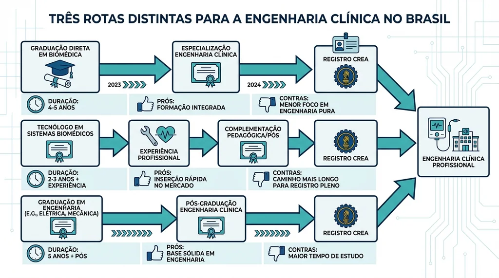 Diagrama comparativo dos três caminhos de formação para se tornar engenheiro clínico no Brasil
