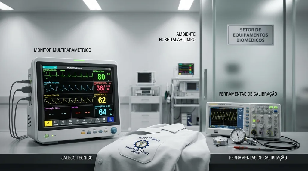 Engenheiro clínico júnior inspecionando monitor multiparamétrico em setor de engenharia hospitalar, ao lado de colega sênior com ferramentas de calibração