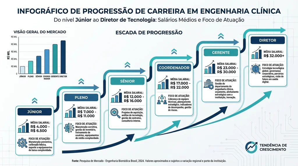 Infográfico de progressão de carreira em engenharia clínica mostrando seis níveis do júnior ao diretor com salários de R$ 7.659 a R$ 40.000 mensais