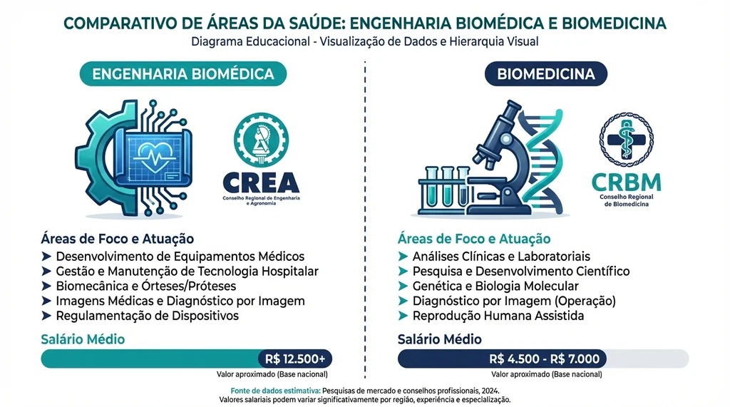 Infográfico comparando Engenharia Biomédica e Biomedicina, mostrando diferenças em conselho profissional, salário e foco de atuação.
