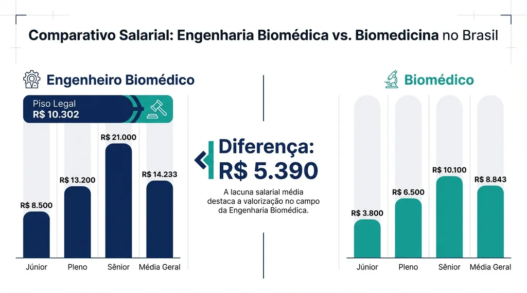 Infográfico comparativo de salários entre Engenheiro Biomédico e Biomédico, destacando a diferença de R$ 5.390 e o piso legal da engenharia.