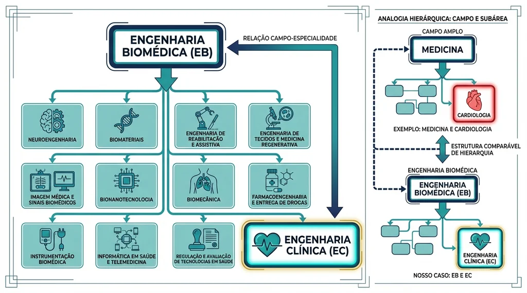 Diagrama hierárquico mostrando a Engenharia Biomédica como campo amplo com 12 subáreas, com destaque para a Engenharia Clínica como especialidade hospitalar dentro da área biomédica