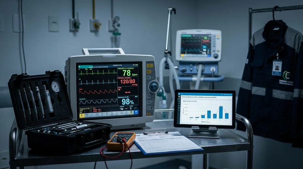 Engenheiro clínico inspecionando equipamento médico de alta complexidade em UTI hospitalar com tablet CMMS, representando a subárea de gestão de tecnologia hospitalar da engenharia biomédica