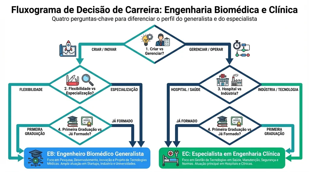 Fluxograma de decisão de carreira com quatro perguntas para escolher entre Engenharia Biomédica como graduação ampla ou especialização em Engenharia Clínica para atuação hospitalar