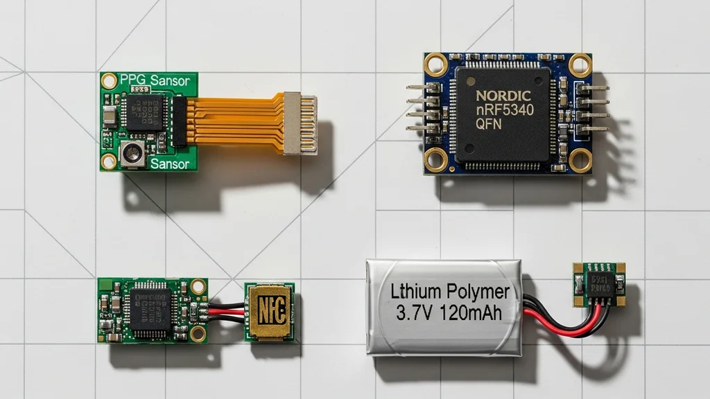 Componentes essenciais de wearables médicos em bancada: módulo biossensor PPG com LED infravermelho, chip SoC nRF5340, antena BLE cerâmica com bobina NFC e bateria LiPo de 120 mAh
