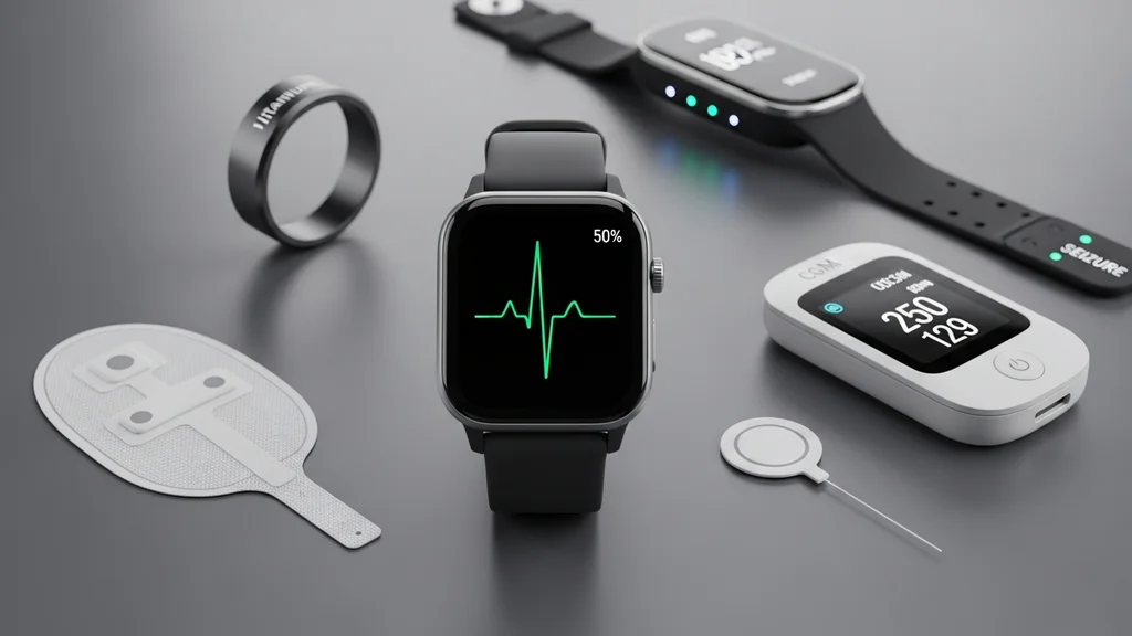 Dispositivos médicos vestíveis em superfície clínica: smartwatch com traçado ECG, patch cardíaco adesivo, sensor CGM de glicose contínua, anel inteligente e pulseira de detecção de crises epilépticas