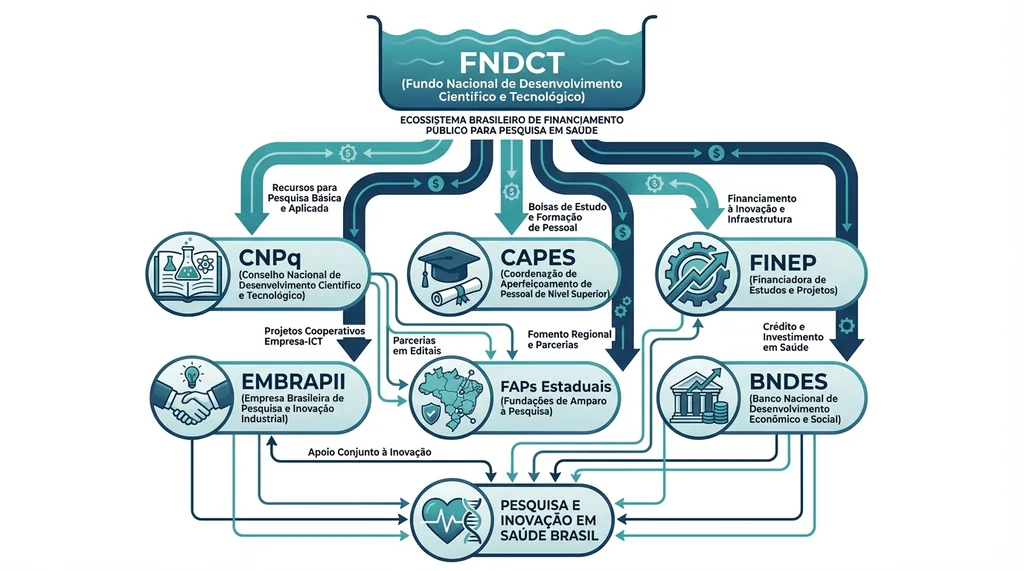 Diagrama do ecossistema de financiamento à pesquisa em saúde no Brasil, mostrando FNDCT, CNPq, CAPES, FINEP, FAPs e BNDES.