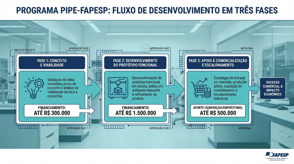 Diagrama do programa PIPE-FAPESP, ilustrando as fases de validação de conceito, desenvolvimento de protótipo e comercialização.