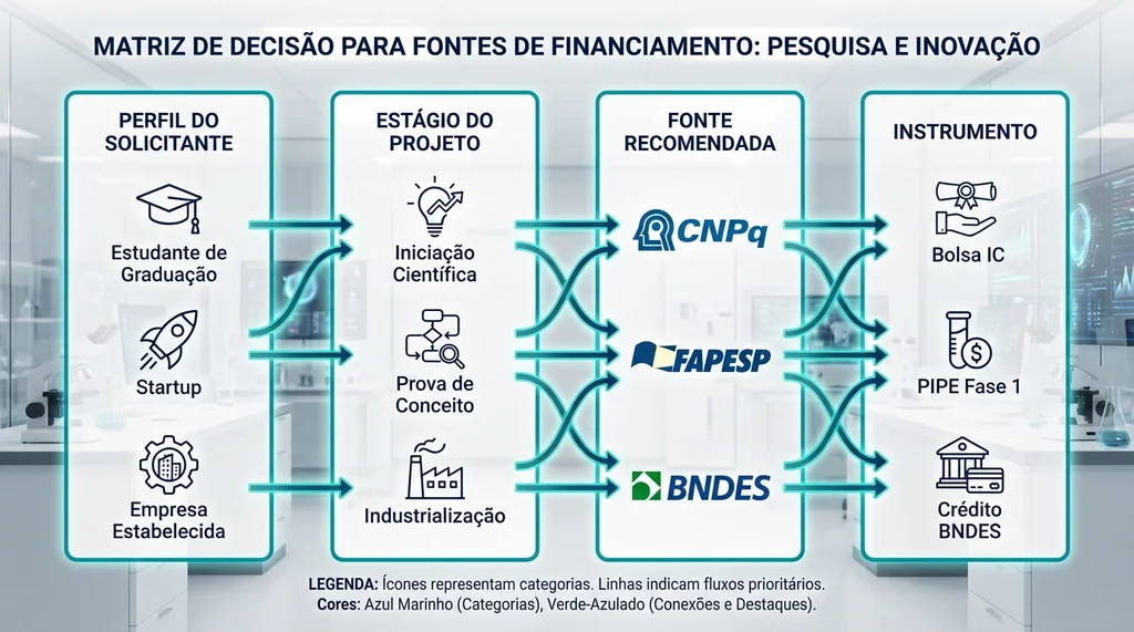 Infográfico guia para financiamento de pesquisa, correlacionando perfil do solicitante, estágio do projeto e fonte recomendada no Brasil.