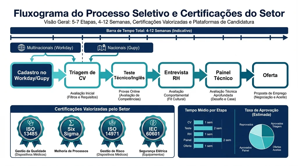 Fluxograma do processo seletivo nas empresas de dispositivos médicos no Brasil, com etapas do cadastro até a oferta e certificações ISO 13485, Six Sigma e IEC 60601 valorizadas