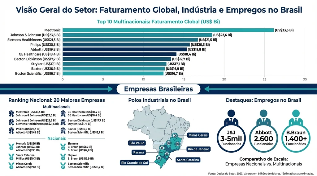 Infográfico com ranking das 20 maiores empresas de dispositivos médicos no Brasil por faturamento global, destacando multinacionais e empresas nacionais com presença industrial no país