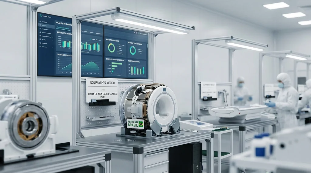 Interior de fábrica de dispositivos médicos com linha de montagem de equipamentos hospitalares e profissionais em sala limpa com EPIs brancos