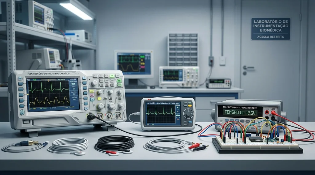 Bancada de laboratório de Engenharia Biomédica com osciloscópio, ECG e equipamentos de instrumentação para aulas práticas