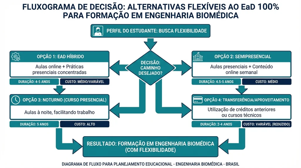 Fluxograma com quatro alternativas ao EaD em Engenharia Biomédica: Tecnólogo, UFRN noturno, UFABC BCT e pós-graduação EaD